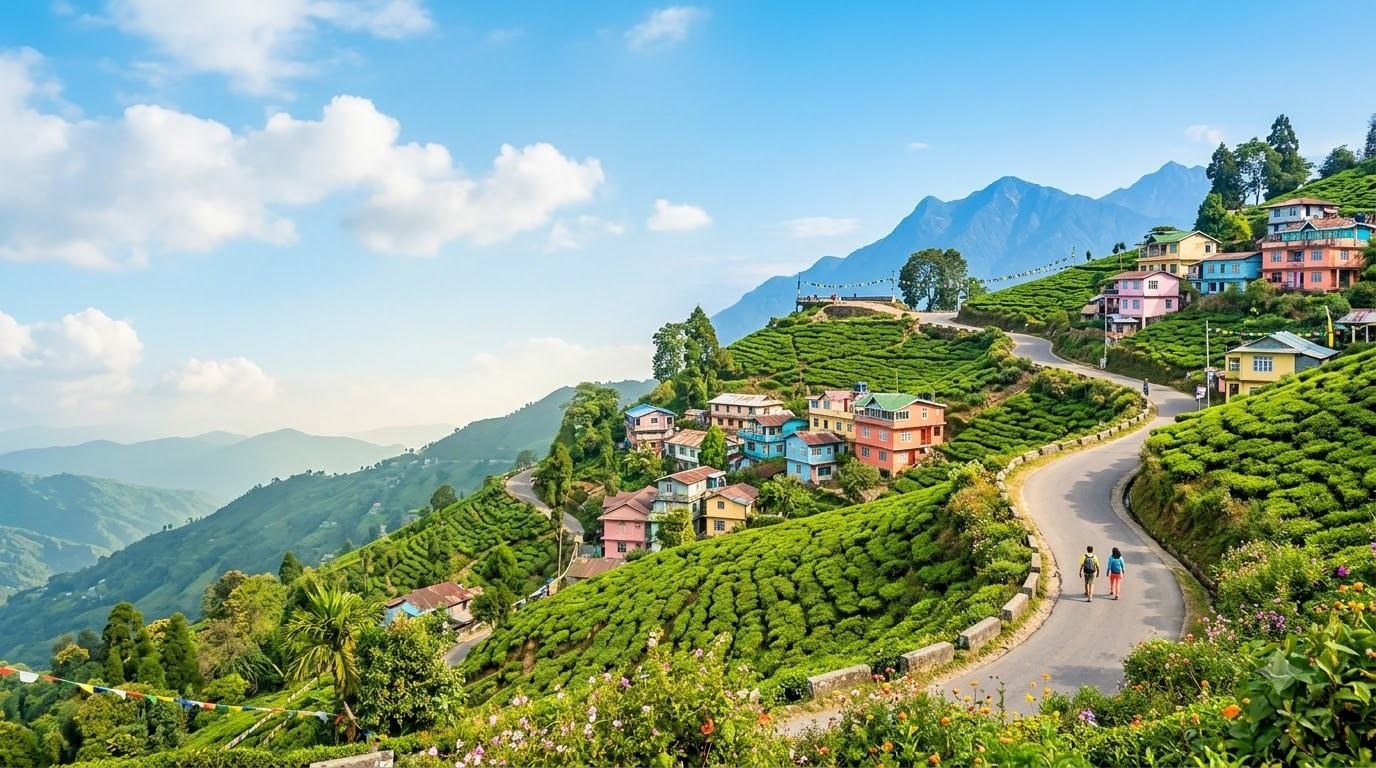 Tea slopes and colourful hill houses above a winding mountain road in Darjeeling, with the Himalaya beyond