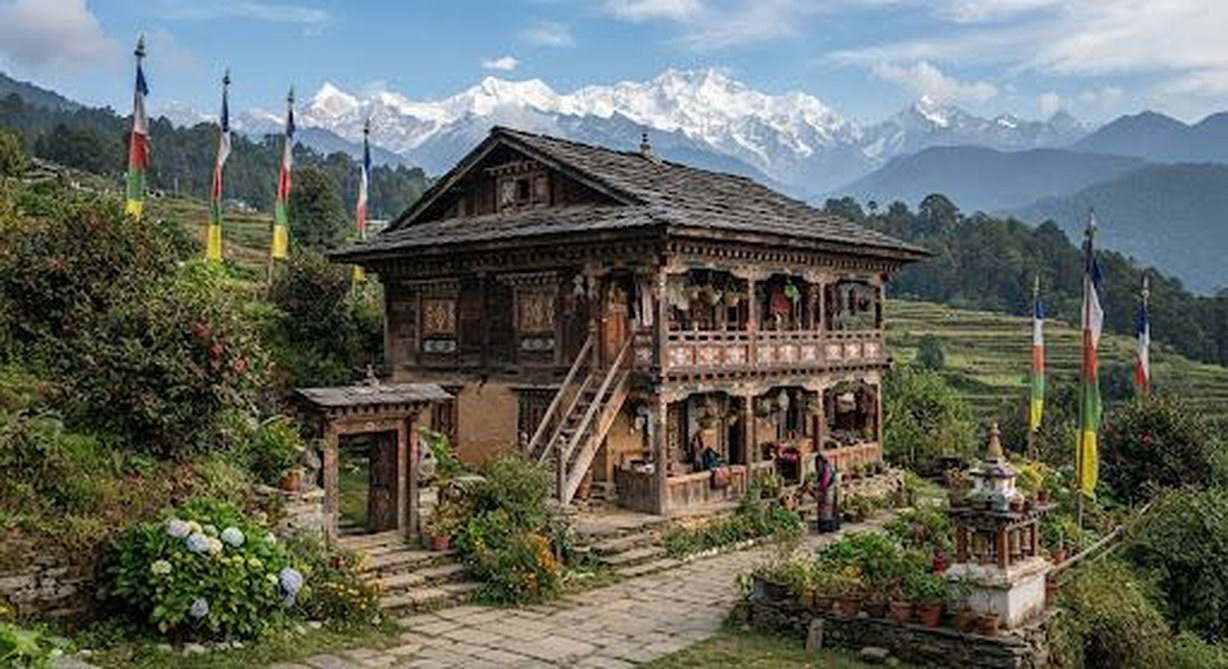 A traditional carved timber farmhouse with prayer flags below snow peaks in West Sikkim
