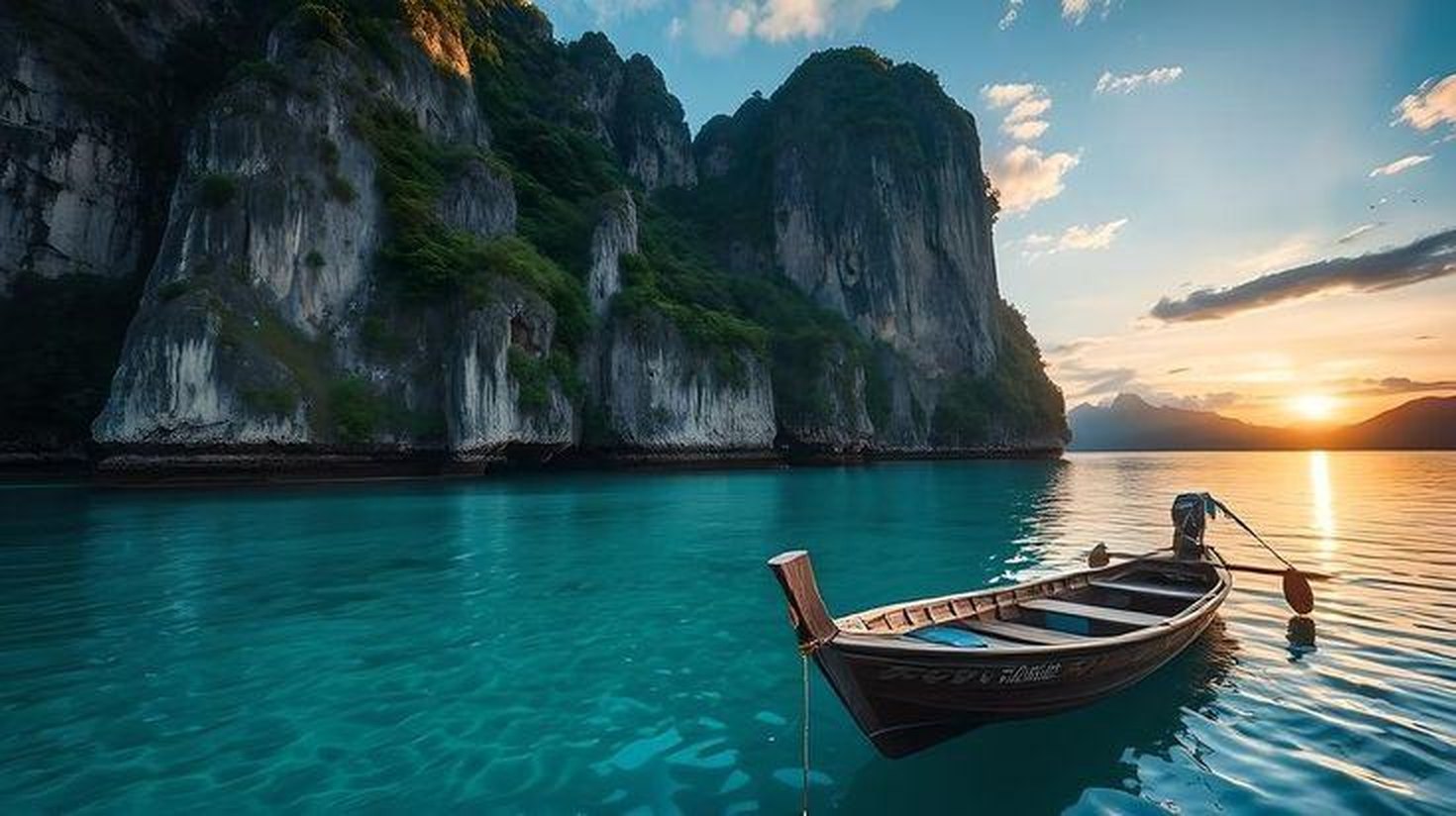 A wooden long-tail boat resting on still turquoise water beneath limestone cliffs at sunset